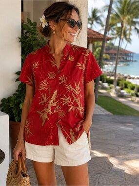 Hello Hattie Hawaiian Original Red Bamboo Print Blouse XS Made in Hawaii